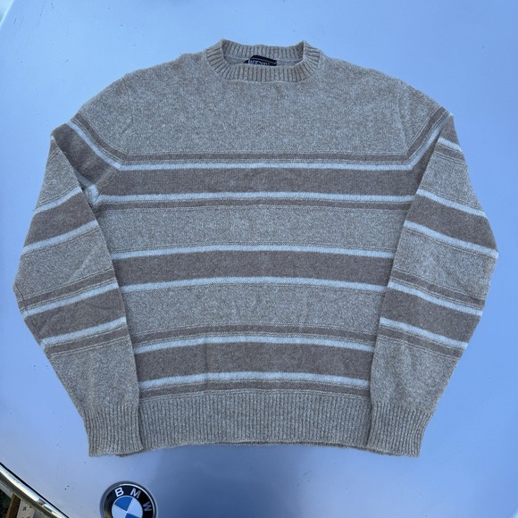 Vtg 80s Jantzen Striped Beige 3D Knit Wool Sweater USA Men's Large Crew Neck